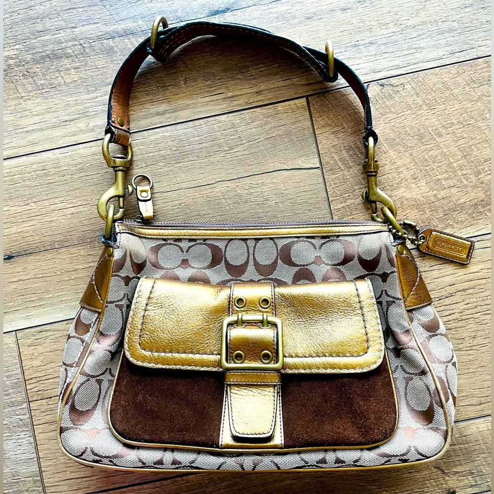 Coach Golden Leather Signature Canvas Shoulder Bag